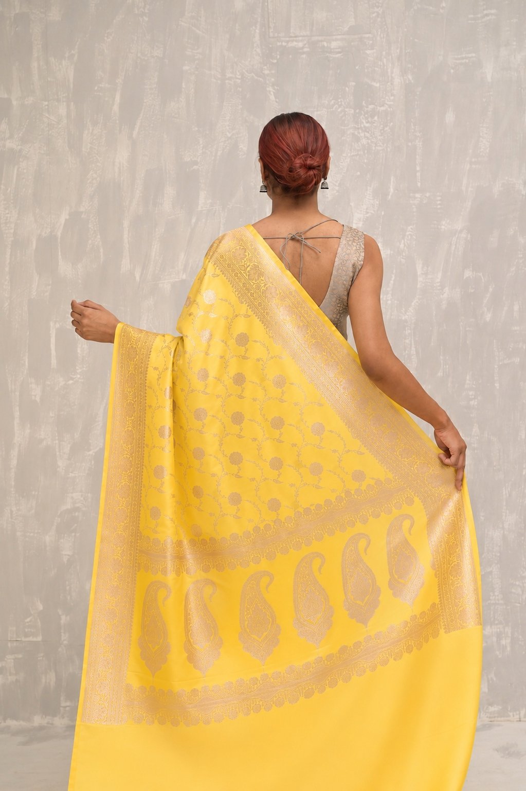 Yellow floral Jangla Silver Zari Handwoven Katan Silk Banarasi Saree
